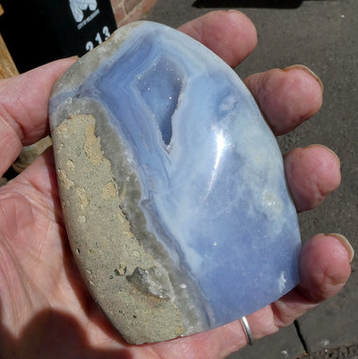 Blue Lace Agate Geode | Druzy Clear Quartz Crystals over sky blue | Malawi | Throat Chakra | Genuine Stones from Crystal Heart Melbourne Australia since 1986