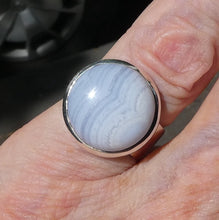 Load image into Gallery viewer, Blue Lace Agate Ring | 925 Sterling Silver | US Size 6.5 | AUS M1/2 | Sky Blue &amp; White Bands | Throat Chakra | communication | Crystal Heart Melbourne est 1986