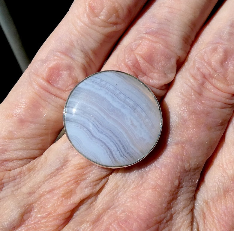 Blue Lace Agate Ring | 925 Sterling Silver | US Size Adjustable 8 >9 | Sky Blue & White Bands | Throat Chakra | communication | Crystal Heart Melbourne est 1986