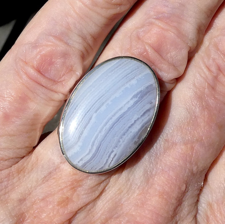 Blue Lace Agate Ring | 925 Sterling Silver | US Size Adjustable 8 >9 | Sky Blue & White Bands | Throat Chakra | communication | Crystal Heart Melbourne est 1986