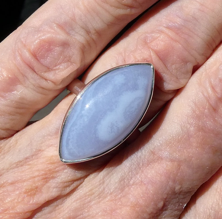 Blue Lace Agate Ring | 925 Sterling Silver | US Size Adjustable 8 >9 | Sky Blue & White Bands | Throat Chakra | communication | Crystal Heart Melbourne est 1986