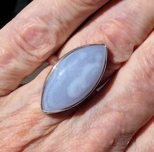 Load image into Gallery viewer, Blue Lace Agate Ring | 925 Sterling Silver | US Size Adjustable 8 >9 | Sky Blue &amp; White Bands | Throat Chakra | communication | Crystal Heart Melbourne est 1986