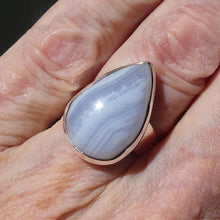 Load image into Gallery viewer, Blue Lace Agate Ring | 925 Sterling Silver | US Size 7.5 |AUS O1/2 | Sky Blue &amp; White Bands | Throat Chakra | communication | Crystal Heart Melbourne est 1986