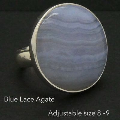 Blue Lace Agate Ring | 925 Sterling Silver | US Size Adjustable 8 >9 | Sky Blue & White Bands | Throat Chakra | communication | Crystal Heart Melbourne est 1986