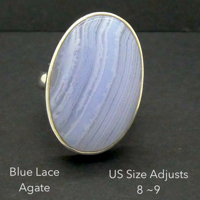 Blue Lace Agate Ring | 925 Sterling Silver | US Size Adjustable 8 >9 | Sky Blue & White Bands | Throat Chakra | communication | Crystal Heart Melbourne est 1986