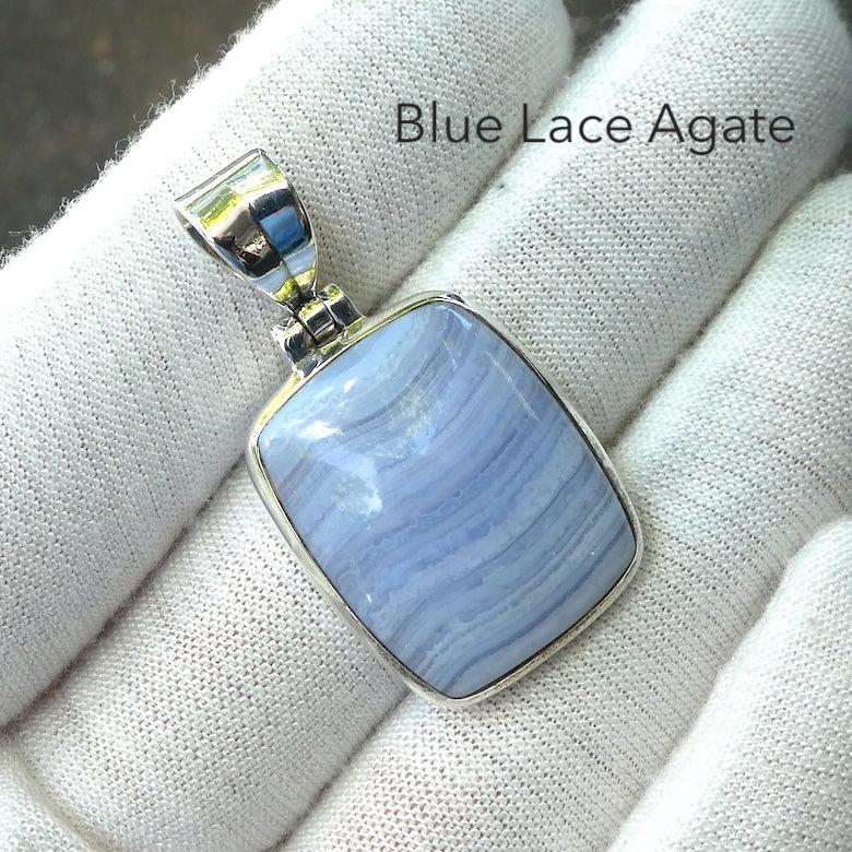Blue Lace Agate Pendant | Oblong Cab | 925 Sterling Silver | Bezel Set | Sky blue | Throat Chakra | Unblock communication & expression  | Crystal Heart Melbourne Australia since 1986