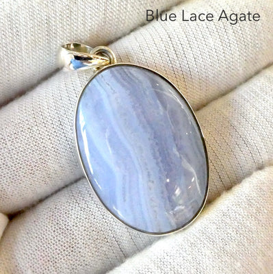 Blue Lace Agate Pendant | Oval Cab | 925 Sterling Silver | Bezel Set | Sky blue | Throat Chakra | Communication & Expresion | Crystal Heart Melbourne 1986