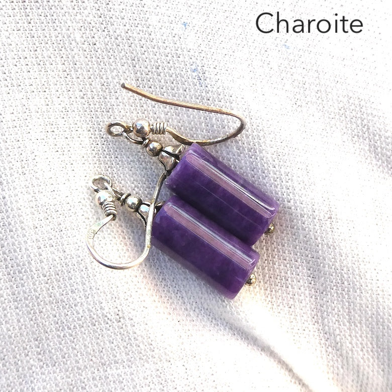 Charoite Earrings | 925 Sterling silver | Small Cylinder Beads | Awaken Spiritual Powers | Courage on the Path | Genuine Gemstones Crystal Heart Melbourne 1986