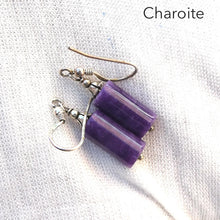 Load image into Gallery viewer, Charoite Earrings | 925 Sterling silver | Small Cylinder Beads | Awaken Spiritual Powers | Courage on the Path | Genuine Gemstones Crystal Heart Melbourne 1986
