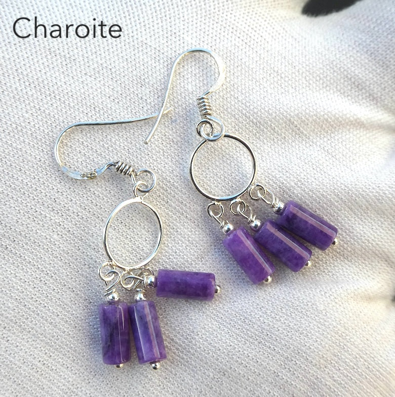 Charoite Earrings | 925 Sterling silver | Small Cylinder Beads | Awaken Spiritual Powers | Courage on the Path | Genuine Gemstones Crystal Heart Melbourne 1986