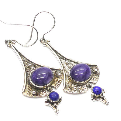 Charoite & Lapis  Earrings | 925 Sterling silver | Ethnic Silver Work |  Awaken Spiritual Powers | Courage on the Path | Genuine Gemstones Crystal Heart Melbourne 1986