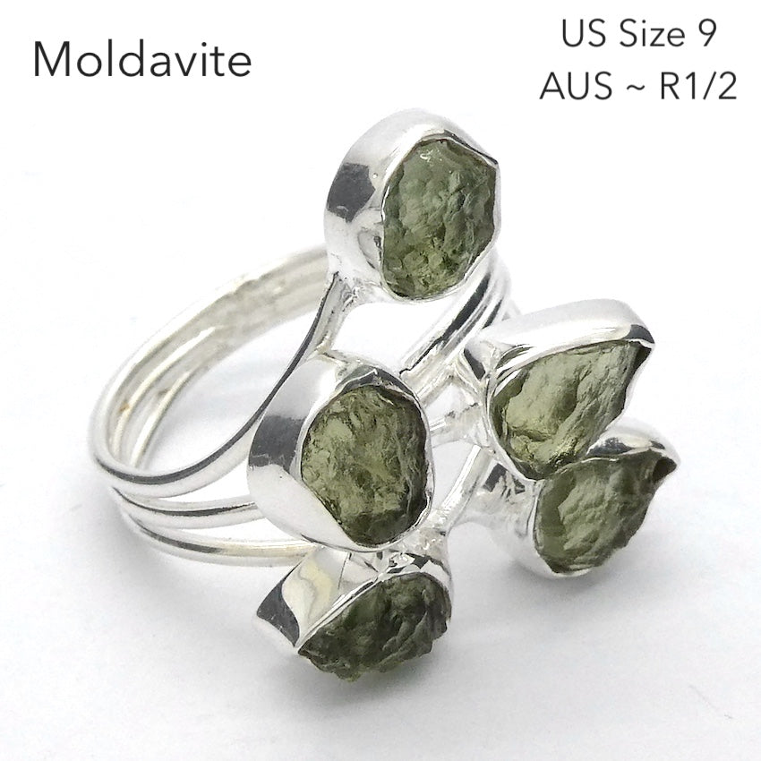 Moldavite Ring | 5 Genuine Raw Nuggets | 925 Sterling Silver | US Size 9 | Aus Size R1/2 | Intense Heart Transformation | Crystal Heart Melbourne est 1986