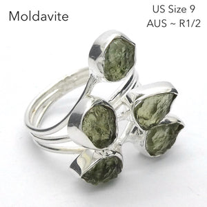 Moldavite Ring | 5 Genuine Raw Nuggets | 925 Sterling Silver | US Size 9 | Aus Size R1/2 | Intense Heart Transformation | Crystal Heart Melbourne est 1986