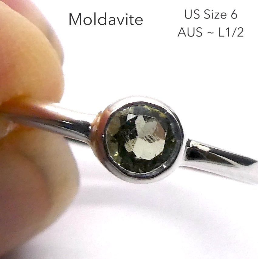 Moldavite Ring | Dainty Faceted round | Genuine | 925 Sterling Silver | US Size 6 | Aus Size L1/2 | Intense Heart Transformation | Crystal Heart Melbourne est 1986