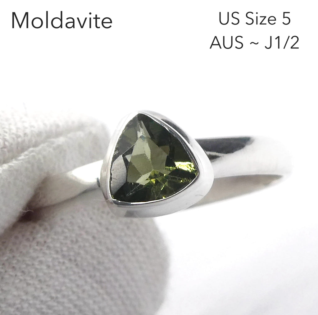 Moldavite Ring | Dainty Faceted Stone | Genuine | 925 Sterling Silver | US Size 5 | Aus Size J1/2 | Intense Heart Transformation | Crystal Heart Melbourne est 1986