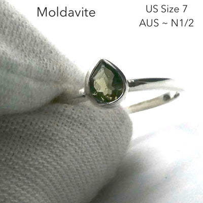 Moldavite Ring | Dainty Faceted Teardrop | Genuine | 925 Sterling Silver | US Size 7 | Aus Size N1/2 | Intense Heart Transformation | Crystal Heart Melbourne est 1986