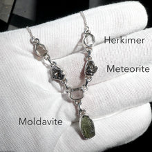 Load image into Gallery viewer, Moldavite Necklace with Meteorite &amp; Herkimer | 925 Sterling Silver | Universal Connection &amp; Grounding | Genuine Gems from Crystal Heart Australia 1986