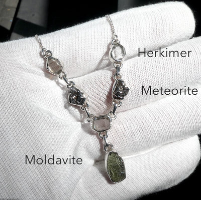 Moldavite Necklace with Meteorite & Herkimer | 925 Sterling Silver | Universal Connection & Grounding | Genuine Gems from Crystal Heart Australia 1986