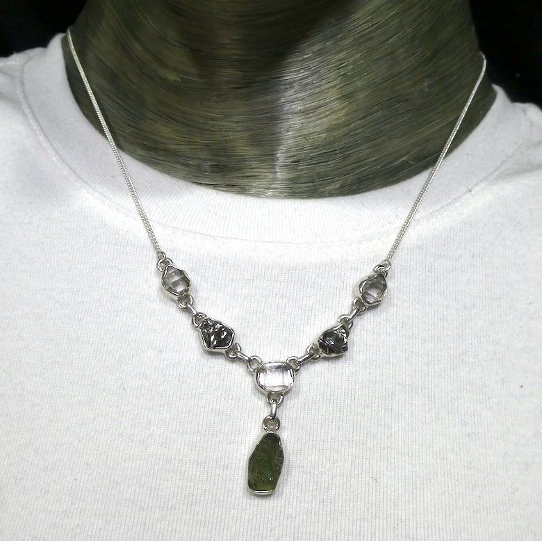 Moldavite Necklace with Meteorite & Herkimer | 925 Sterling Silver | Universal Connection & Grounding | Genuine Gems from Crystal Heart Australia 1986