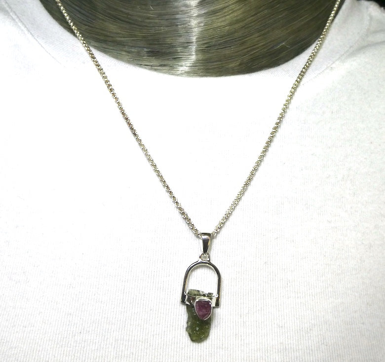 Moldavite Pendant | Genuine Raw Nugget with Raw Rubellite | 925 Sterling Silver | Intense Heart Transformation | Crystal Heart Melbourne est 1986