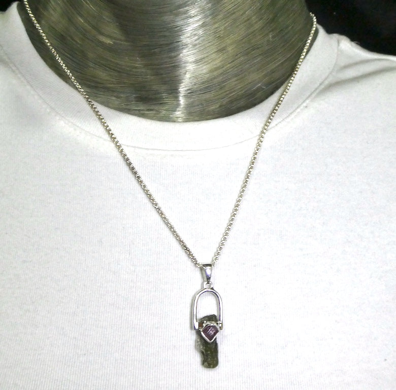 Moldavite Pendant | Genuine Raw Nugget with Raw Rubellite | 925 Sterling Silver | Intense Heart Transformation | Crystal Heart Melbourne est 1986