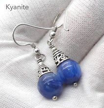 Load image into Gallery viewer, Blue Kyanite Earring  | 10 mm beads | Ornate 925 Silver Cap |  Deflect Negativity, EMF  | Spirit Journey | Manifest Vision | Crystal Heart Melbourne est 1986