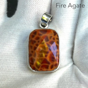 Fire Agate Pendant, Faceted Oblong, 925 Sterling Silver, ka1