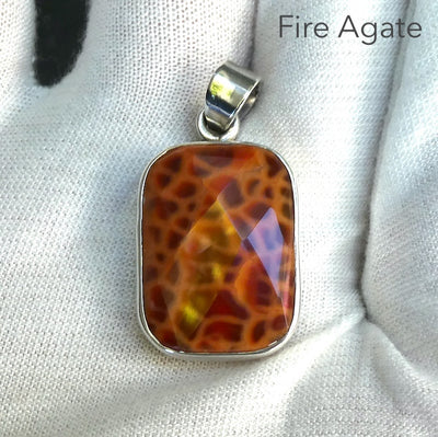 Fire Agate Pendant, Faceted Oblong, 925 Sterling Silver, ka1