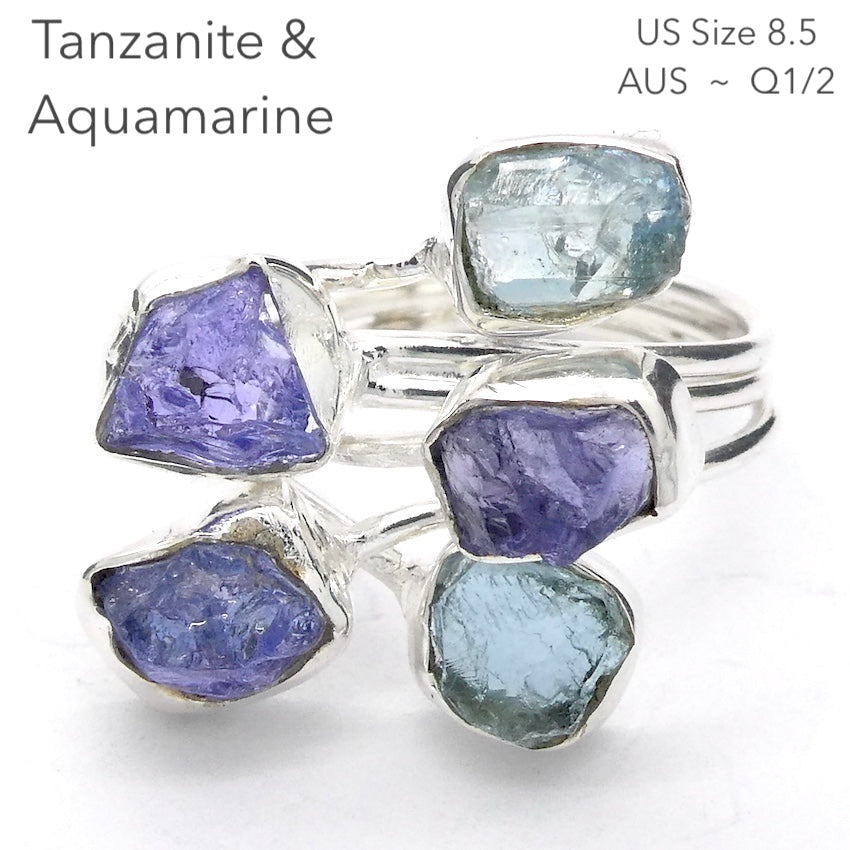 Tanzanite & Aquamarine Ring | 5 Raw Nuggets,  | 925 Sterling Silver |  Blue-Purple | Spiritual Evolution | US Size 8.5 | AUS Size Q1/2 | Crystal Heart Melbourne est 1986