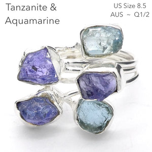 Tanzanite & Aquamarine Ring | 5 Raw Nuggets,  | 925 Sterling Silver |  Blue-Purple | Spiritual Evolution | US Size 8.5 | AUS Size Q1/2 | Crystal Heart Melbourne est 1986