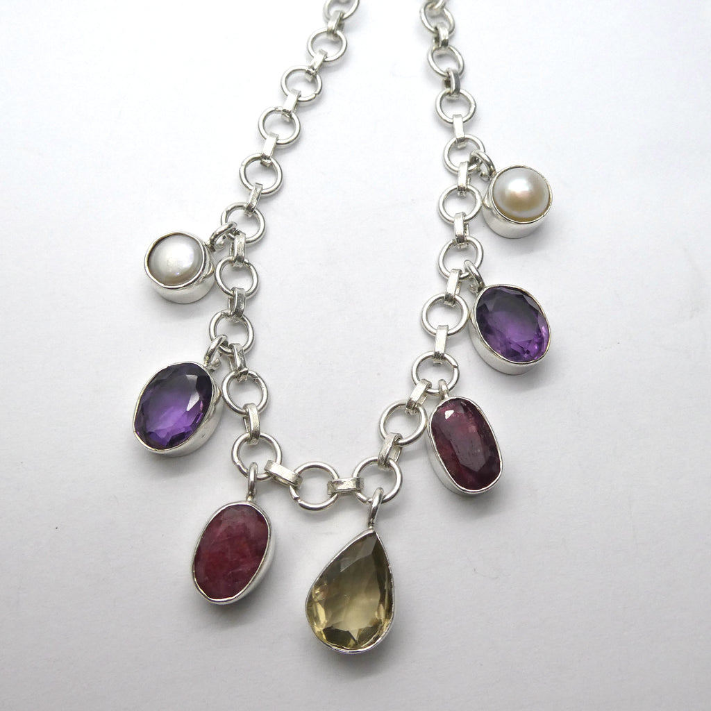 Silver Necklace | Seven gemstones | Amethyst | Pearl | Ruby | Citrine | 925 Sterling Silver | Designer | Crystal Heart Melbourne Est 1986