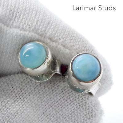 Larimar Stud Earrings, Cabochon Rounds, 925 Sterling Silver