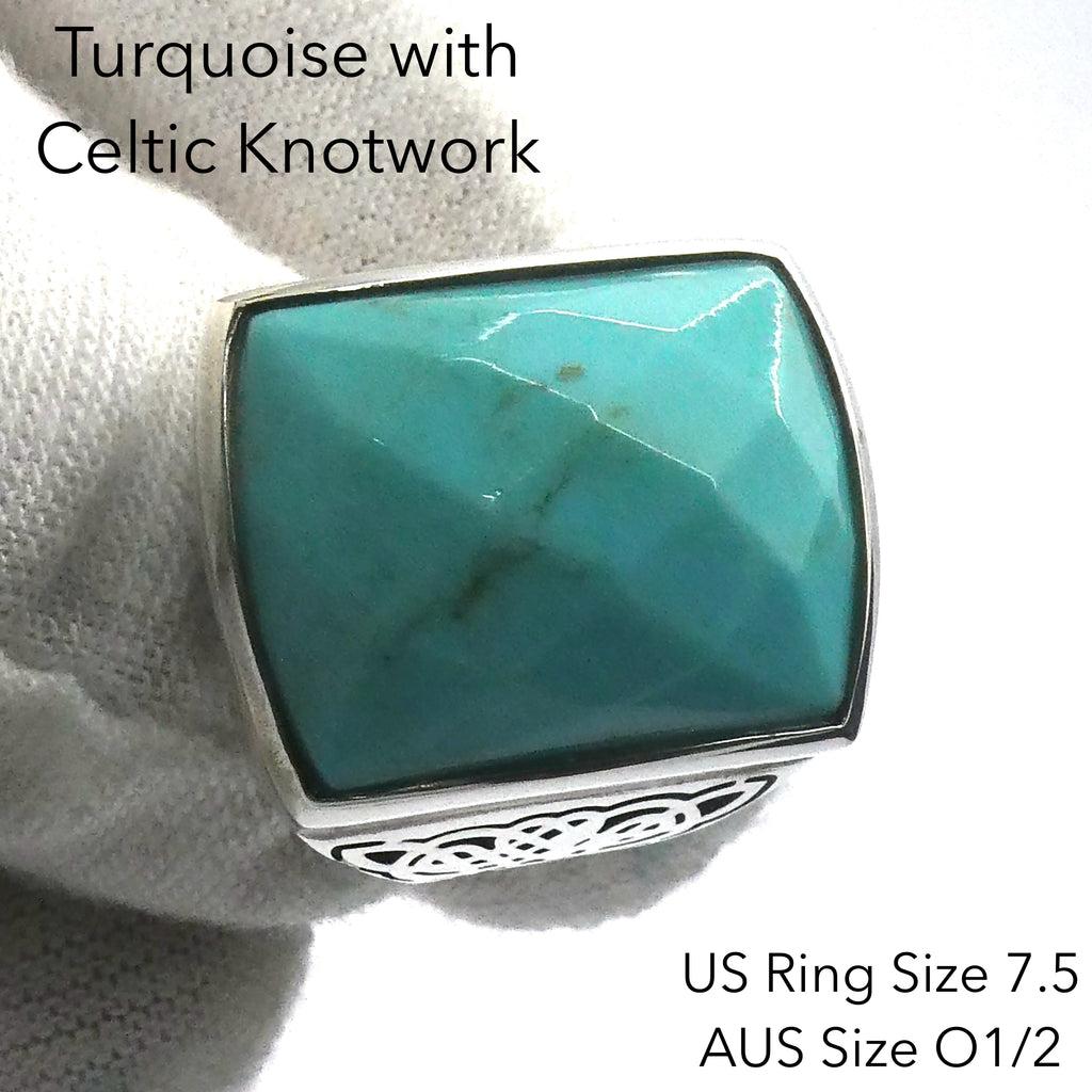 925 Sterling Silver Ring | Arizona Turquoise | Celtic Knotwork | Oblong Checkerboard | US Size 7.5 | Aus O1/2 | Crystal Heart Melbourne Australia since 1986