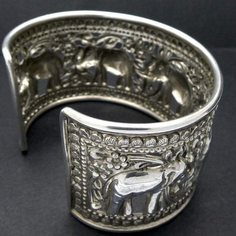 Cuff Bracelet with Elephants | Wide | Pressed 925 Sterling Silver | Crystal Heart Melbourne Australia since 1986