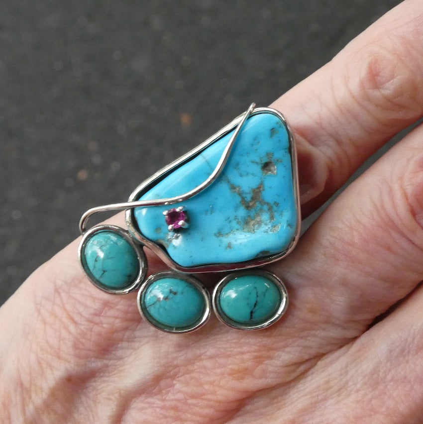 Turquoise Ring | Freeform with 3 Oval Cabs | 925 Silver | Sagittarius Scorpio Pisces | US Size 6.25 | AUS M | Crystal Heart Melbourne est 1986