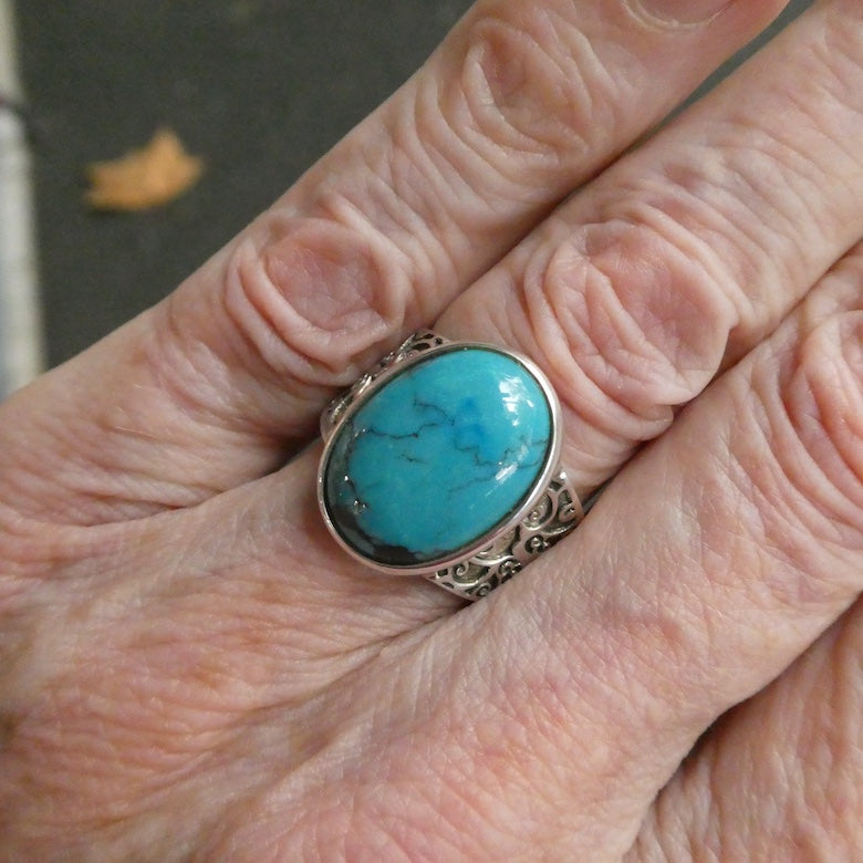 Turquoise Ring, Mystic Tree Engraving, 925 Sterling Silver