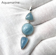 Load image into Gallery viewer, Aquamarine Pendant, 3 Cabochons dangling in line, 925 Silver, kt1