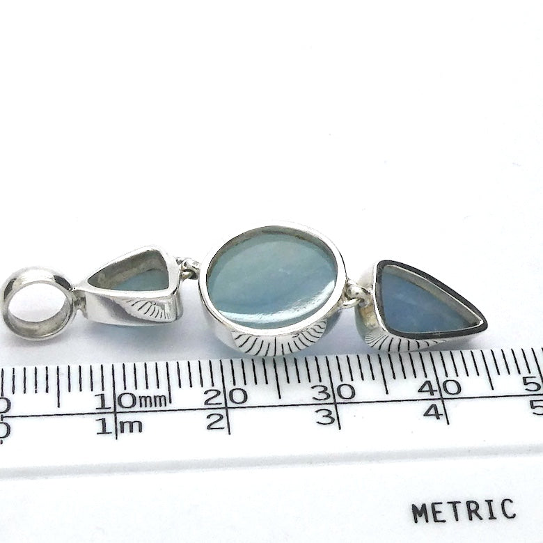 Aquamarine Pendant, 3 Cabochons dangling in line, 925 Silver, kt1