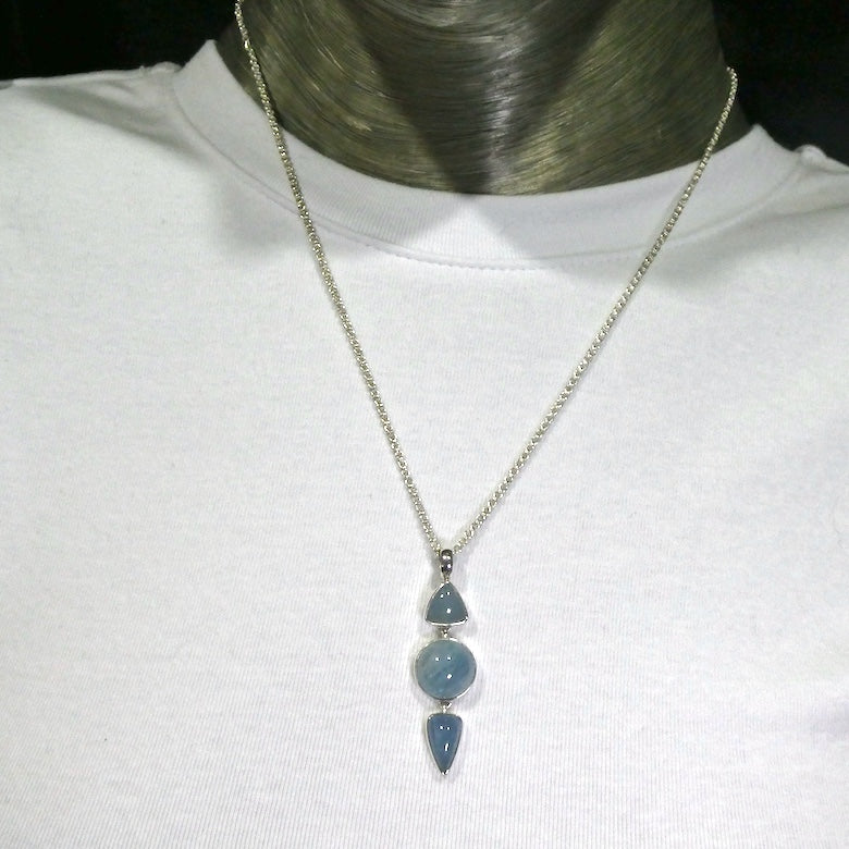 Aquamarine Pendant, 3 Cabochons dangling in line, 925 Silver, kt1