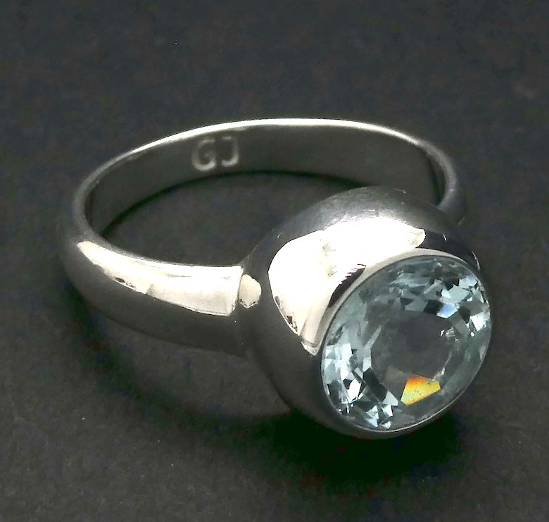 Aquamarine Ring | Large Faceted Round | Fine 925 Sterling Silver | US Size 8.5 | AUS Size Q1/2 | Genuine Gems from Crystal Heart Melbourne Australia since 1986