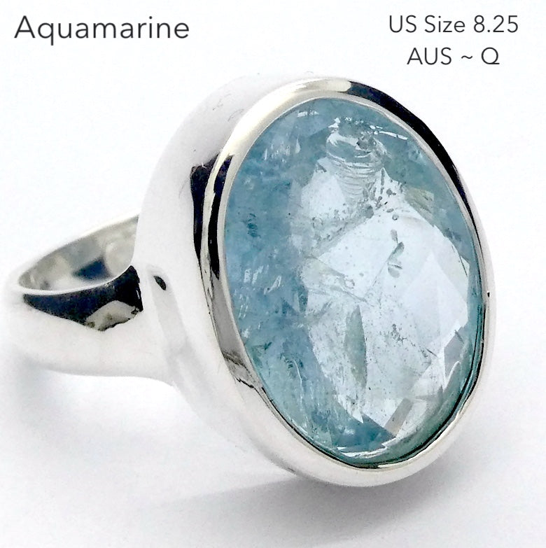 Aquamarine Ring | Large Faceted Oval | Fine 925 Sterling Silver | US Size 8.25 | AUS Size Q | Genuine Gems from Crystal Heart Melbourne Australia since 1986