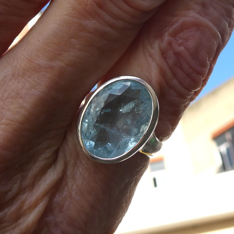 Aquamarine Ring | Large Faceted Oval | Fine 925 Sterling Silver | US Size 8.25 | AUS Size Q | Genuine Gems from Crystal Heart Melbourne Australia since 1986
