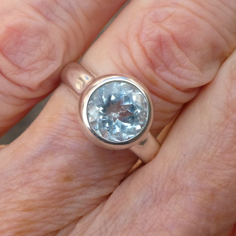 Aquamarine Ring | Large Faceted Round | Fine 925 Sterling Silver | US Size 8.5 | AUS Size Q1/2 | Genuine Gems from Crystal Heart Melbourne Australia since 1986