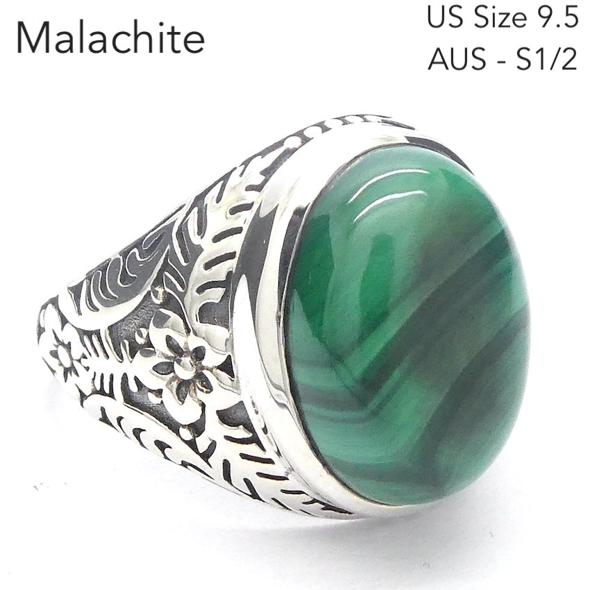 Malachite Ring | Oval Cabochon | Ornate 925 Silver | US Size 9.5 | Aus S1/2 | Detox | Feminine Power | Gaia Healing | Crystal Heart Melbourne est 1986