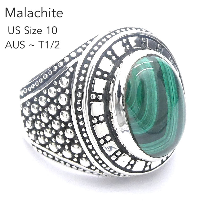 Malachite Ring | Oval Cabochon | Ornate 925 Silver Setting | US Size 10 | Aus T1/2 | Detox, Feminine Power | Gaia Healing | Crystal Heart Melbourne est 1986