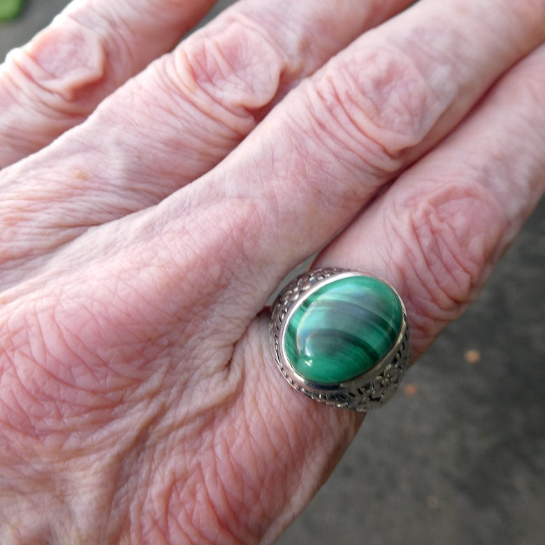 Malachite Ring | Oval Cabochon | Ornate 925 Silver | US Size 9.5 | Aus S1/2 | Detox | Feminine Power | Gaia Healing | Crystal Heart Melbourne est 1986