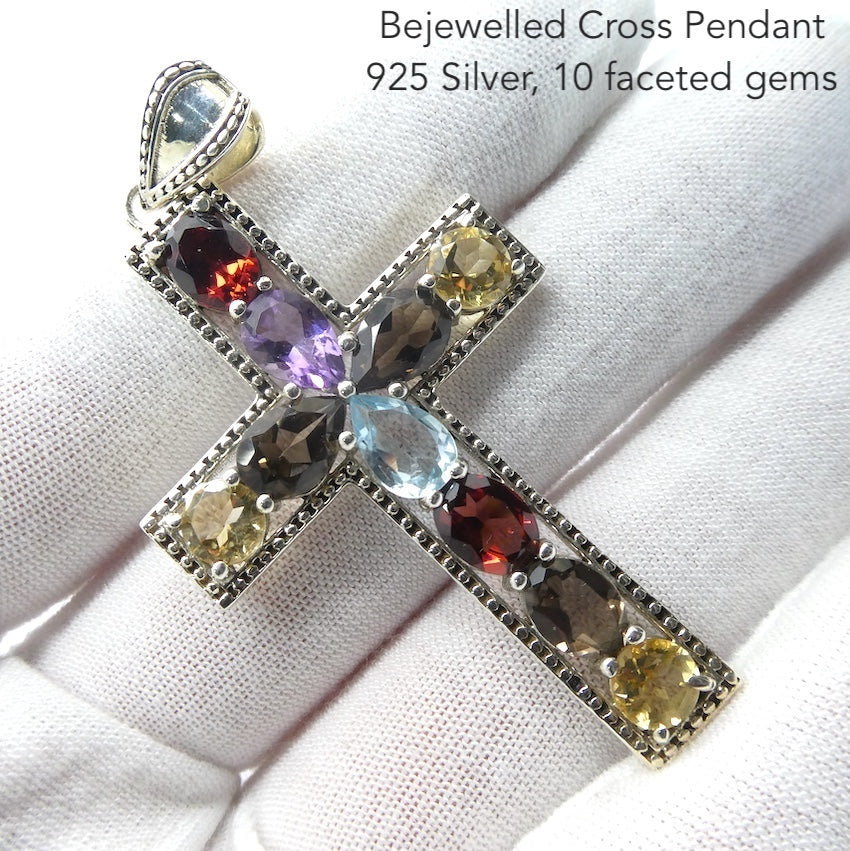 Cross Pendant | Bejewelled | 925 Sterling Silver | 10 Genuine Faceted Stones | Amethyst | Citrine | Garnet | Topaz | Smoky | Crystal Heart Melbourne est 1986