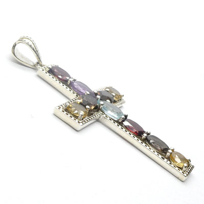 Cross Pendant | Bejewelled | 925 Sterling Silver | 10 Genuine Faceted Stones | Amethyst | Citrine | Garnet | Topaz | Smoky | Crystal Heart Melbourne est 1986