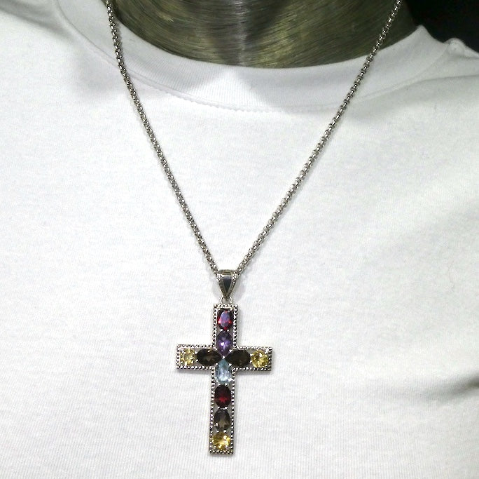 Cross Pendant | Bejewelled | 925 Sterling Silver | 10 Genuine Faceted Stones | Amethyst | Citrine | Garnet | Topaz | Smoky | Crystal Heart Melbourne est 1986