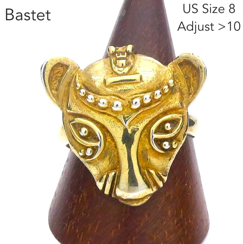 Bastet Egyptian Cat Ring | Gold Plated 925 Silver, AKA Vermeil  | Goddess protection home feminine | Crystal Heart Melbourne Australia since 1986